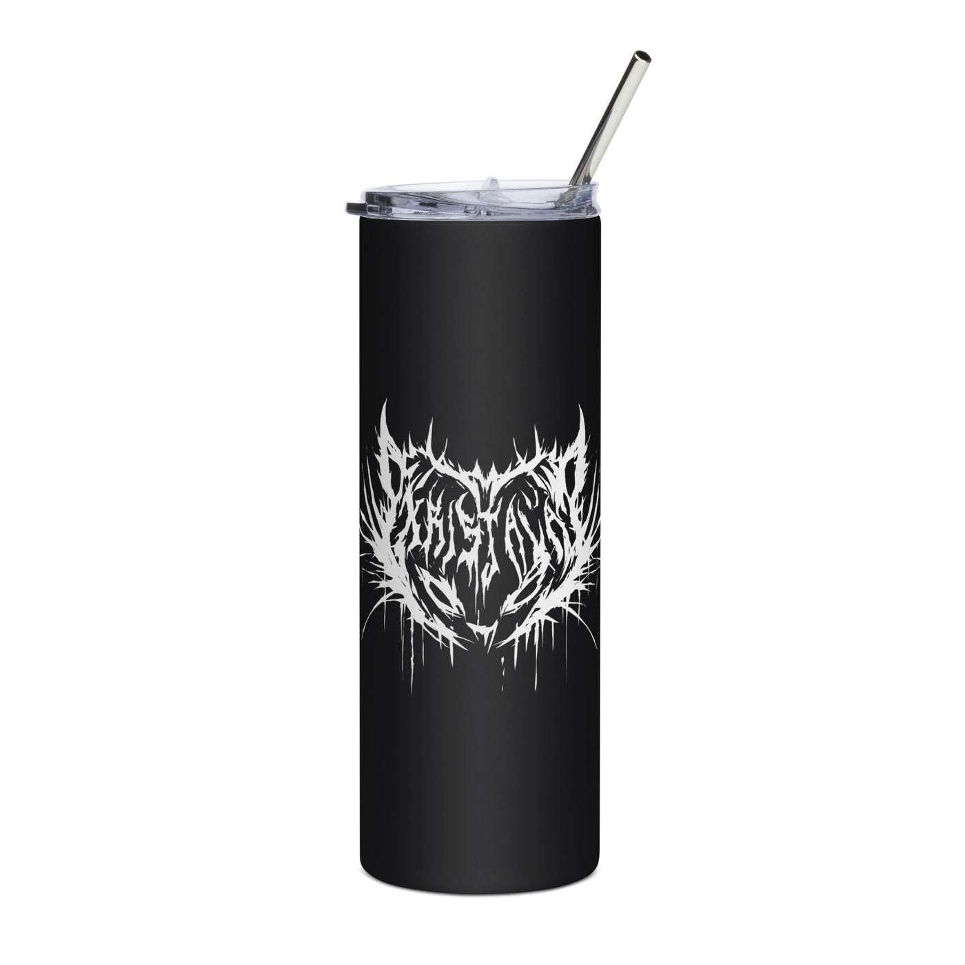 front view of black stainless steel hot cold tumbler with kristala x metal voices white cat logo and clear insulated lid white background