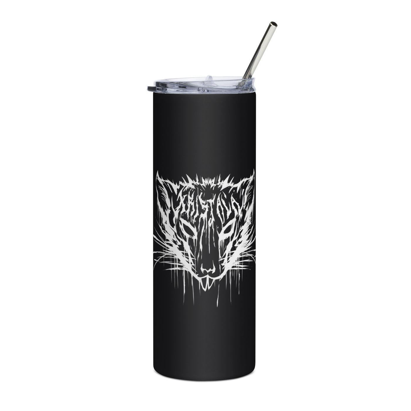 front view of black stainless steel hot cold tumbler with kristala x metal voices white rat logo and clear insulated lid white background