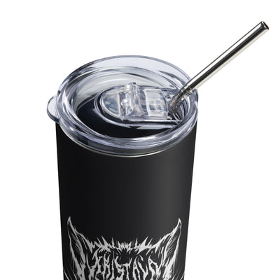 close up view of black stainless steel hot cold tumbler with kristala x metal voices white cat or rat logos and clear insulated lid with metal straw white background