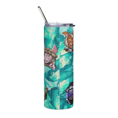 side view of stainless steel tumbler with straw facing left and decorated with kristala kawaii collection six clan kristalan characters and teal blue all-over crystal pattern graphic white background
