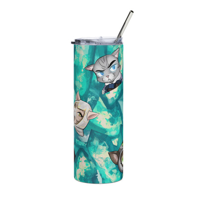 side view of stainless steel tumbler with straw facing right and decorated with kristala kawaii collection six clan kristalan characters and teal blue all-over crystal pattern graphic white background