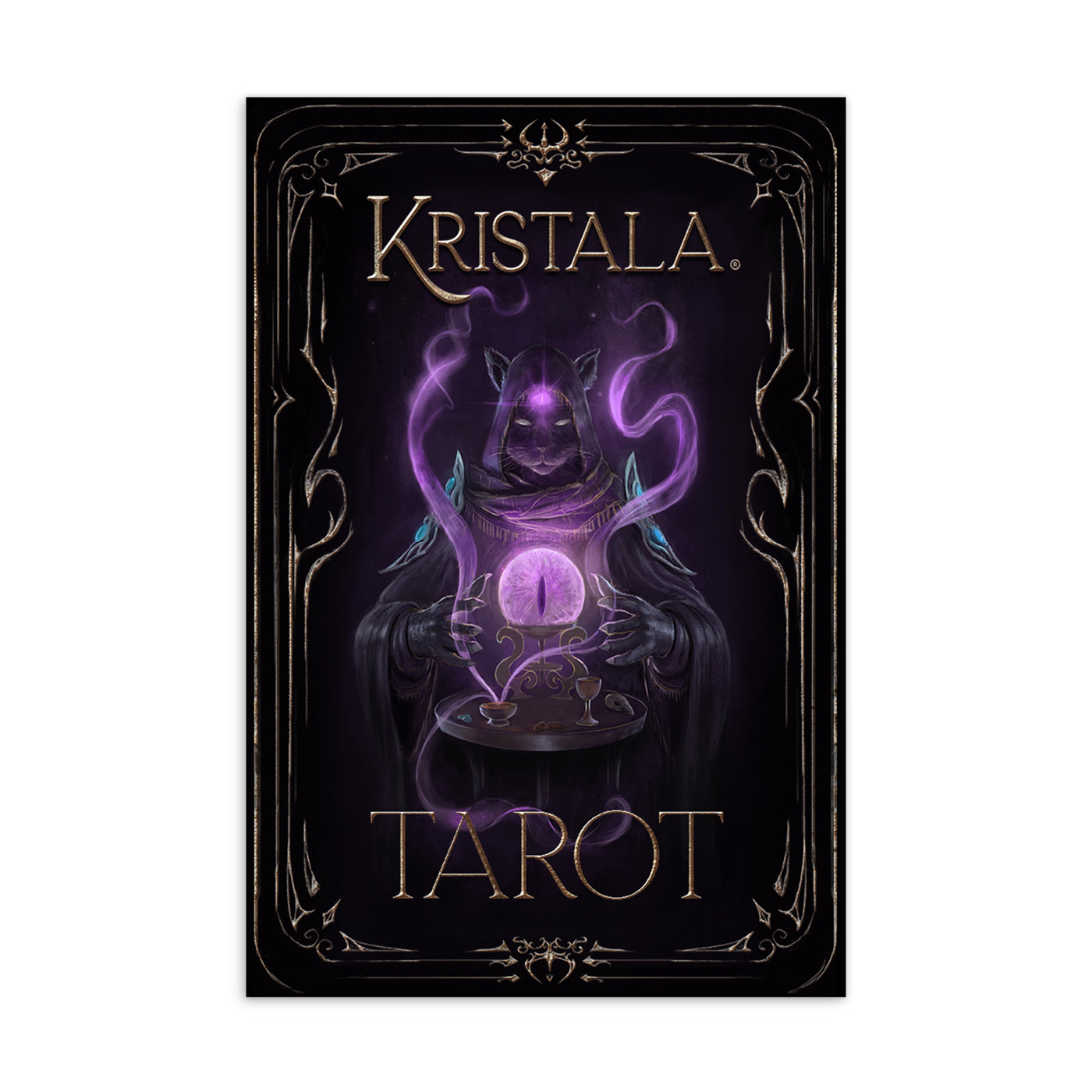 front view of matte postcard with kristala tarot box cover magic black third-eye cat and kristala tarot text above and below white background