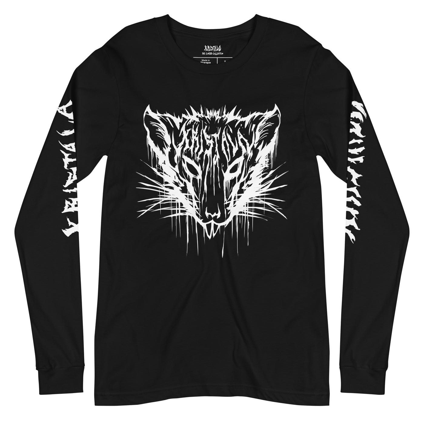 front view of black long-sleeve tee with kristala x metal voices white rat logo on the breast and kristala in metal lettering down both sleeves white background