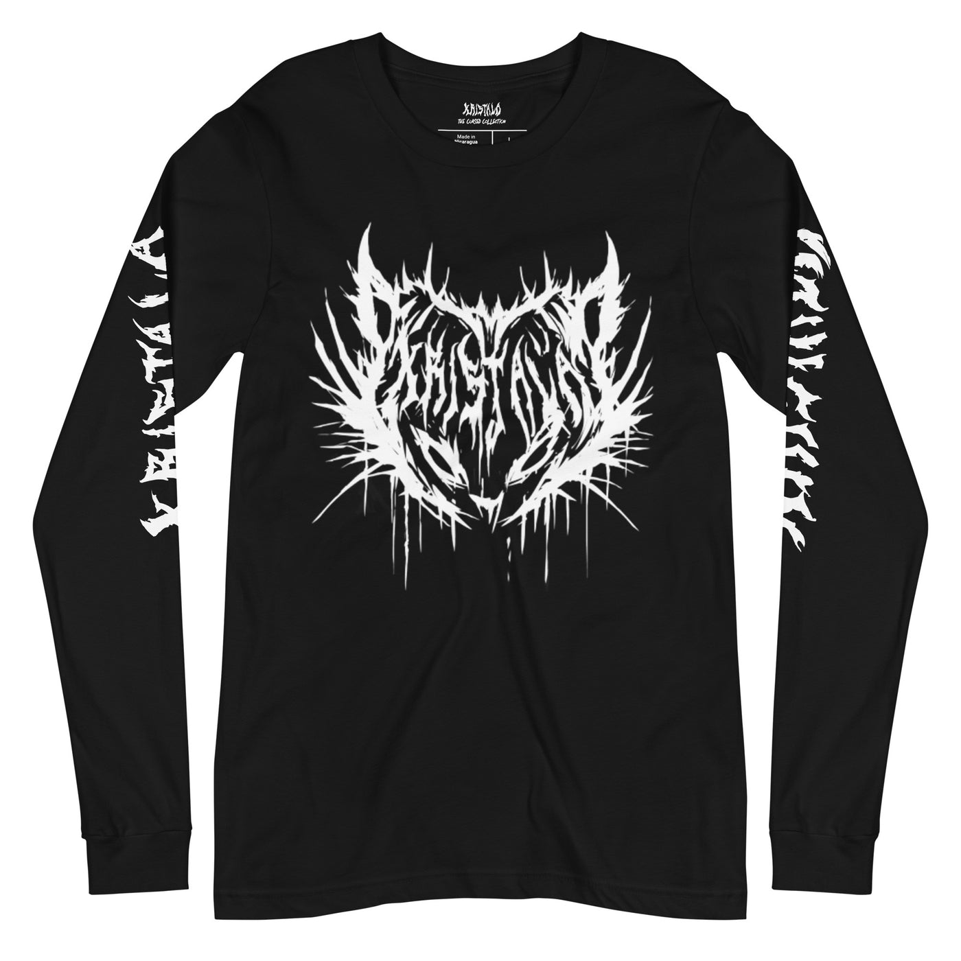 front view of black long-sleeve tee with kristala x metal voices white cat logo on the breast and kristala in metal lettering down both sleeves white background