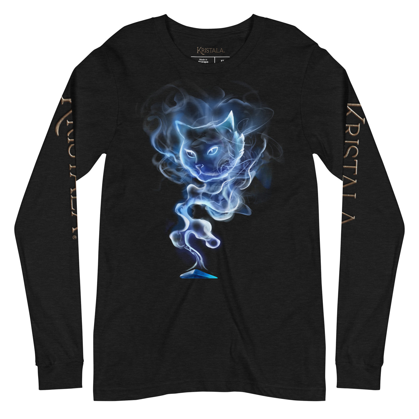 front view of black long-sleeve tee with with blue wispy smoke cat face emerging from a blue crystal shard kristal memory pickup item across the breast and gold kristala game logo lettering down both sleeves white background
