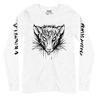 front view of white long-sleeve tee with kristala x metal voices black rat logo on the breast and kristala in black metal lettering down both sleeves white background
