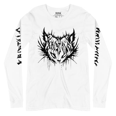 front view of white long-sleeve tee with kristala x metal voices black cat logo on the breast and kristala in black metal lettering down both sleeves white background