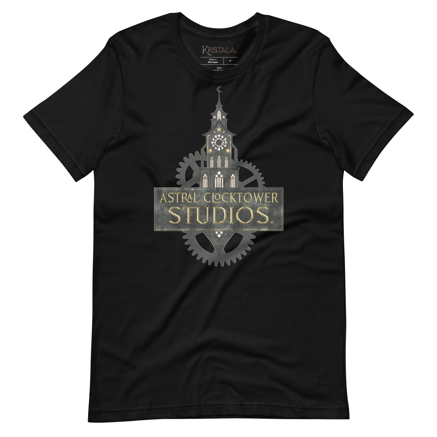 unisex black heather short sleeve t-shirt with astral clocktower studios clock tower logo white background