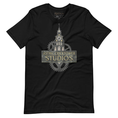 unisex black heather short sleeve t-shirt with astral clocktower studios clock tower logo white background