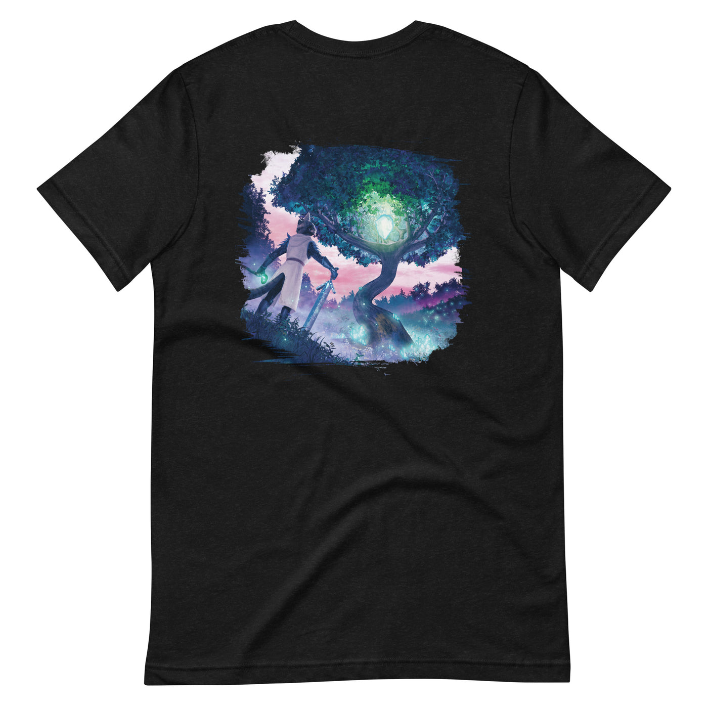 back view of black heather short-sleeve t-shirt featuring a kristala game promotional illustration with a warrior cat in armor holding weapons and standing in front of a magic crystal tree white background