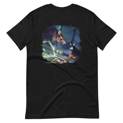 back view of black heather short-sleeve t-shirt featuring a kristala game promotional illustration with a warrior cat in armor battling a giant rat with an electric weapon white background
