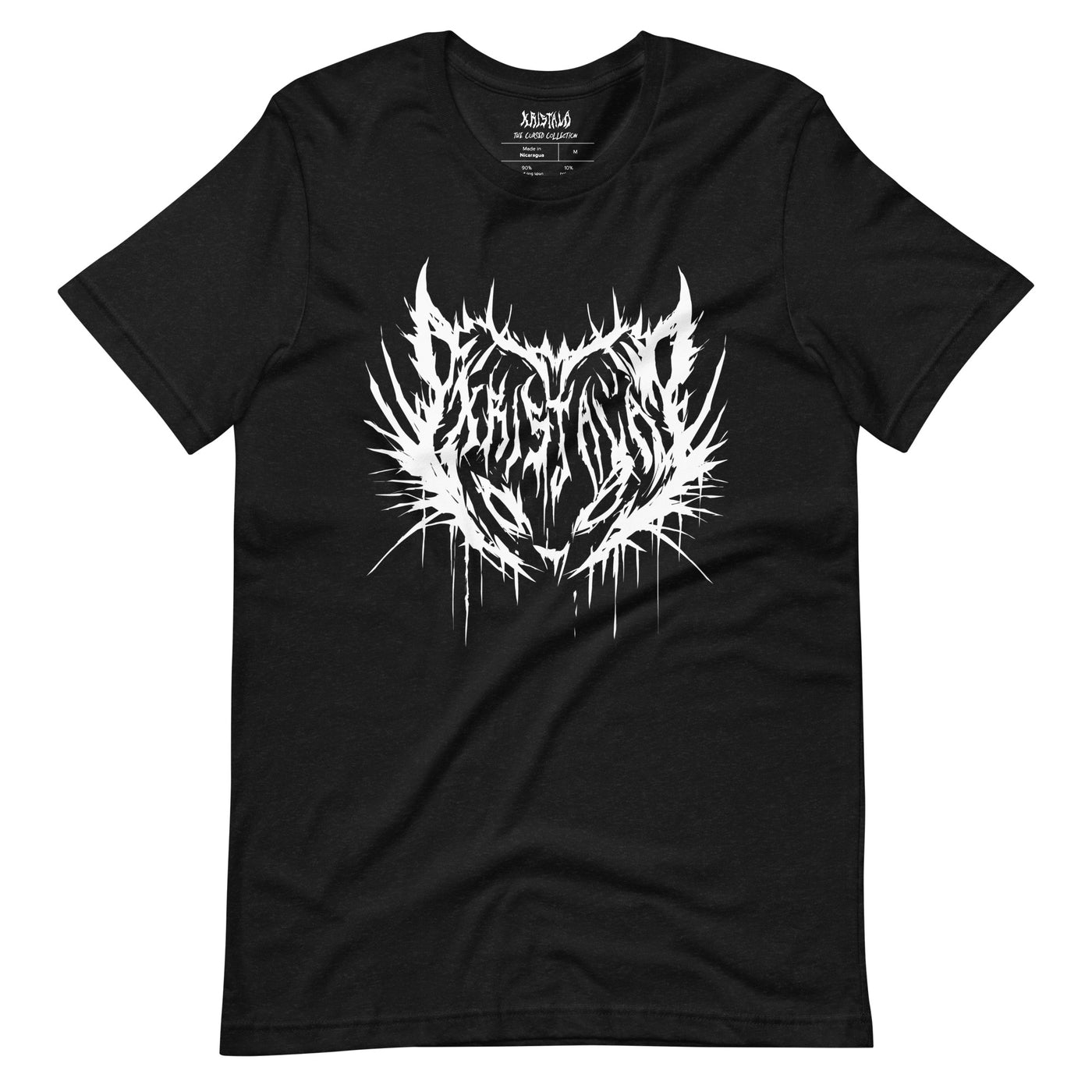 front view of black heather unisex short-sleeve t-shirt with kristala x metal voices white cat logo white background