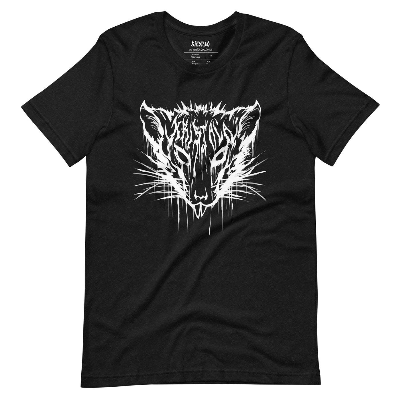 front view of black heather unisex short-sleeve t-shirt with kristala x metal voices white rat logo white background